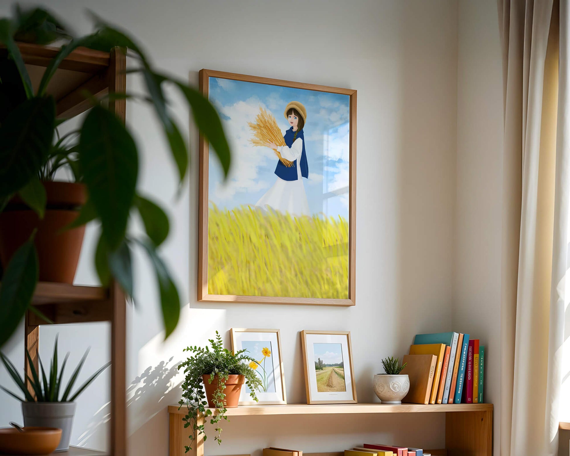 Young girl in a wheat field on a sunny day illustration