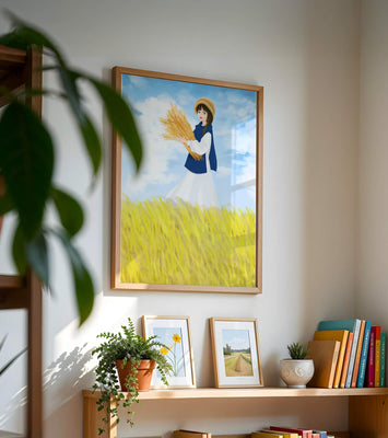 Young girl in a wheat field on a sunny day illustration