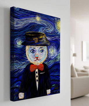 Whimsical cat character against starry night sky background