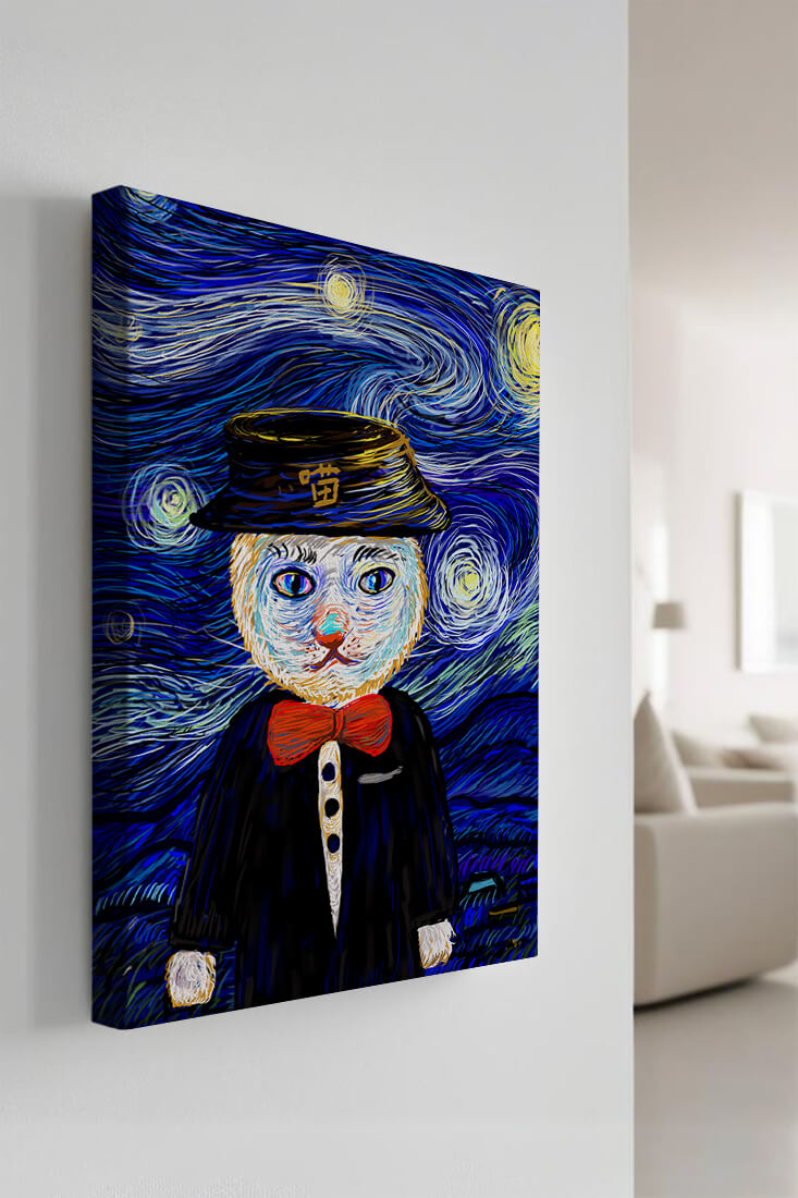 Whimsical cat character against starry night sky background