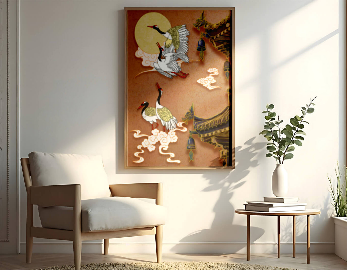 Elegant cranes flying beside traditional Asian architecture under moonlight