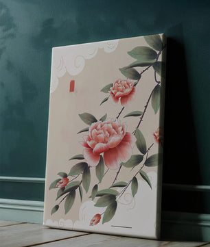 Oriental floral illustration with pink peonies and calligraphy