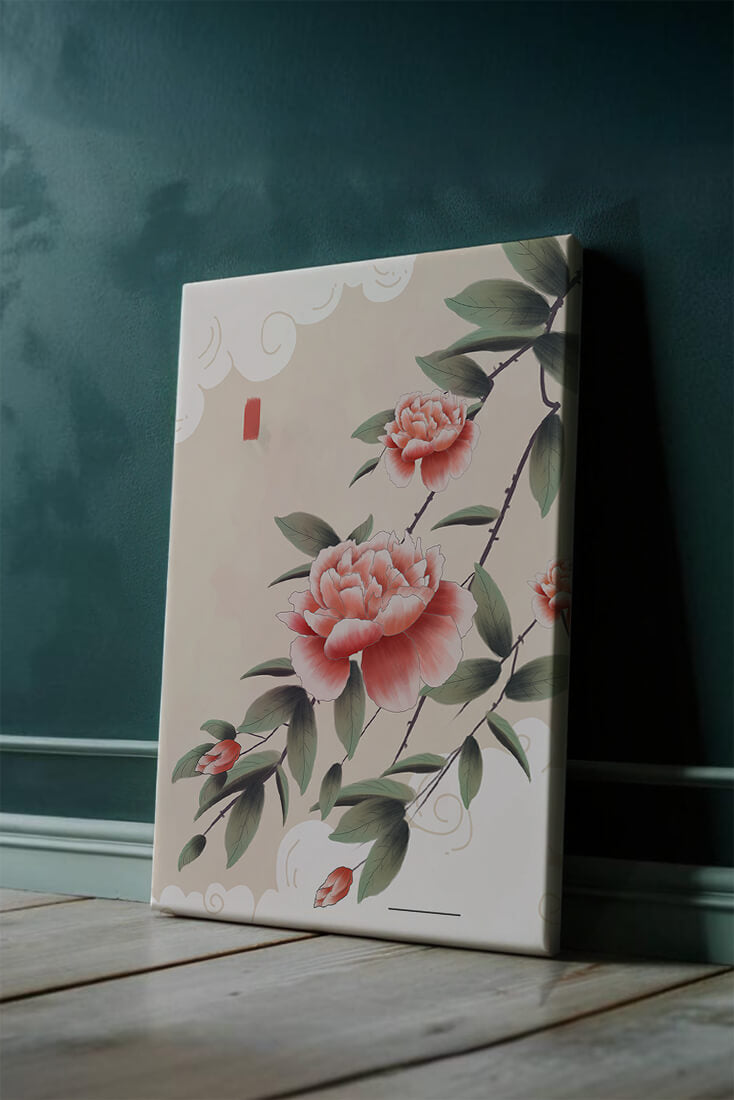 Oriental floral illustration with pink peonies and calligraphy