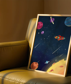 Farbenfrohes Weltraumabenteuer mit Planeten und Raketenillustration