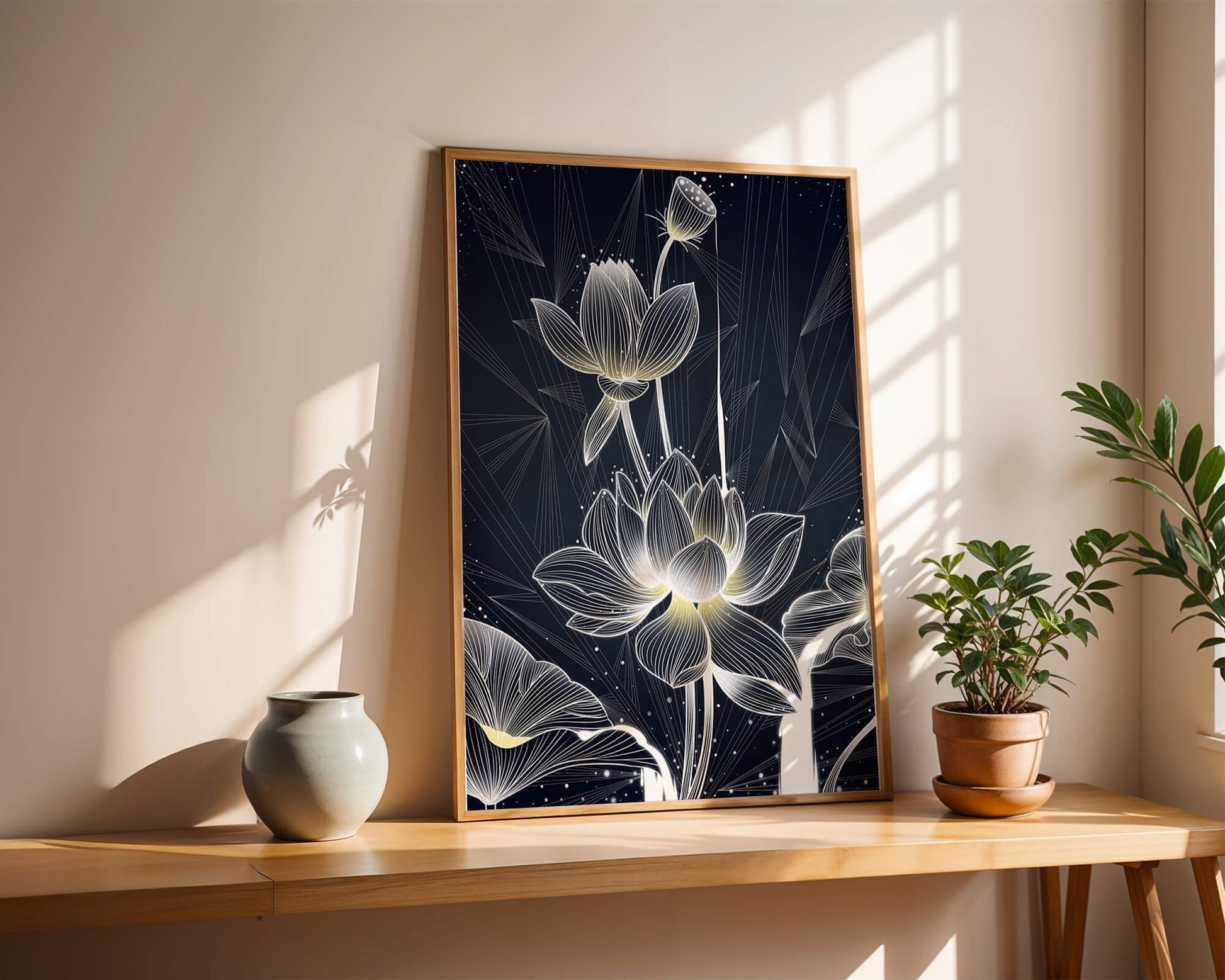 Elegant Lotus Flower Illustration with Geometric Background