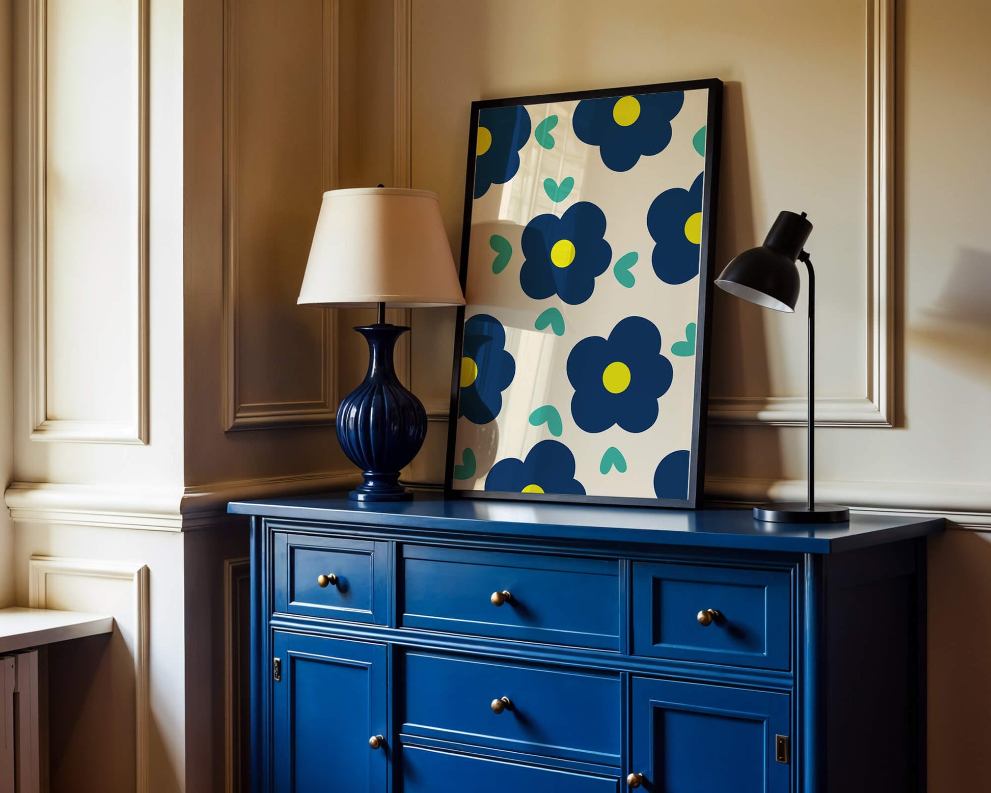 Blue floral pattern with yellow centers on cream background