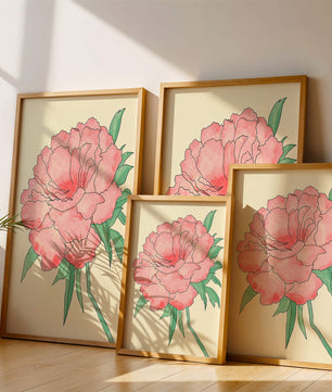 Delicate Pink Peony with Green Leaves Illustration