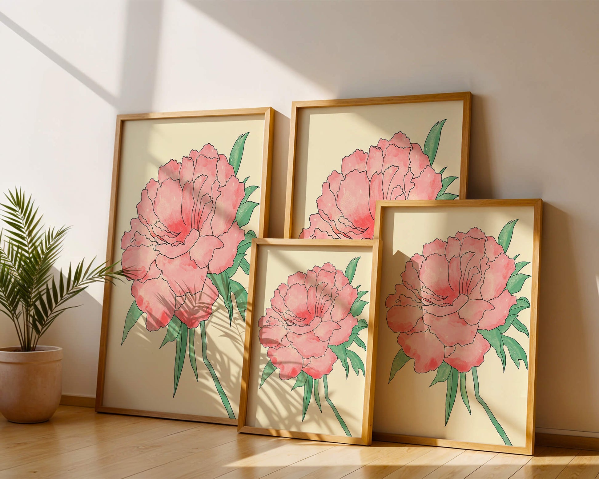 Delicate Pink Peony with Green Leaves Illustration