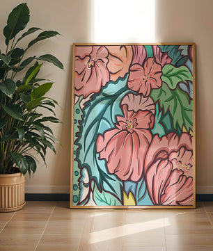 Elegant floral pattern illustration with pink blossoms and green leaves