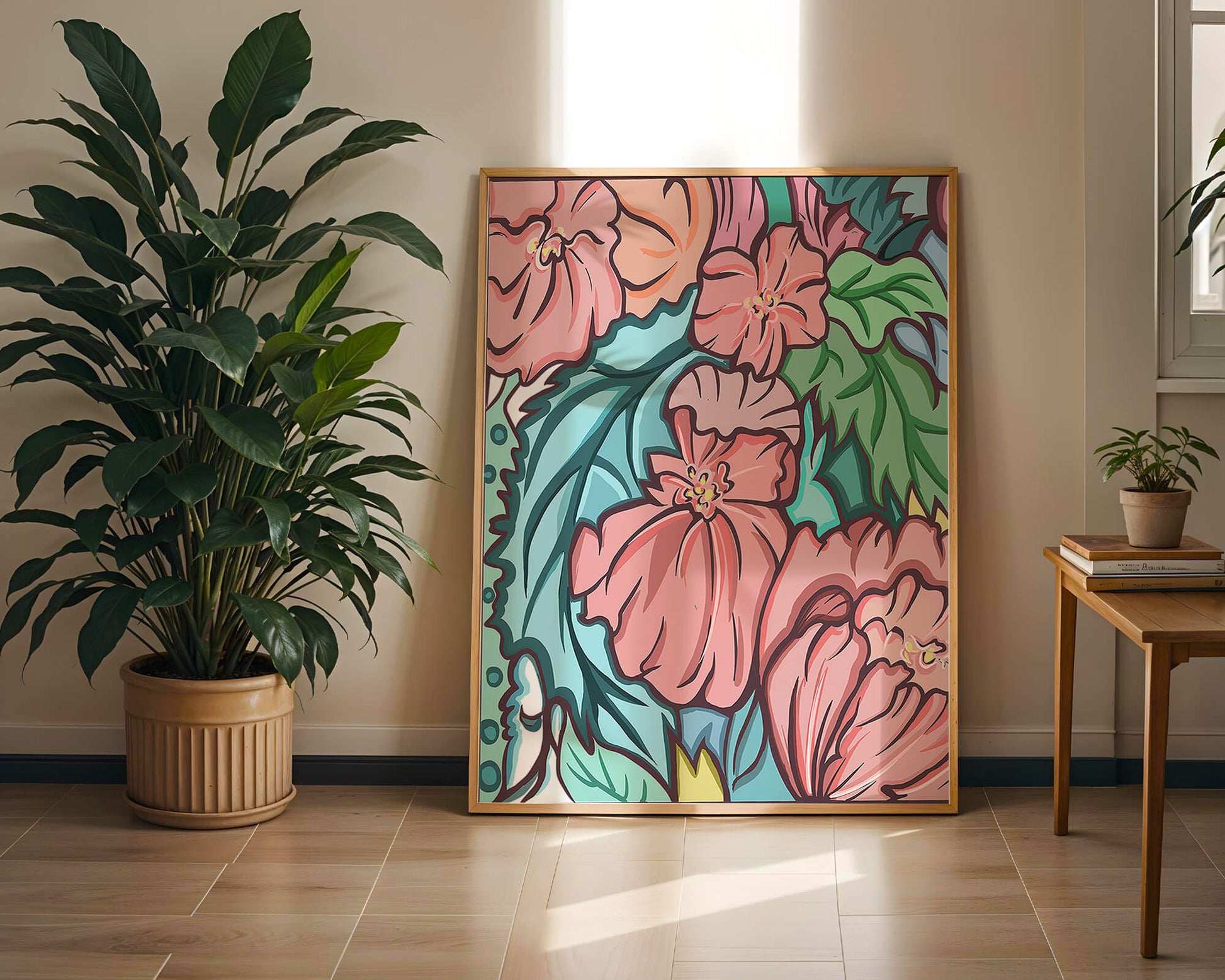 Elegant floral pattern illustration with pink blossoms and green leaves
