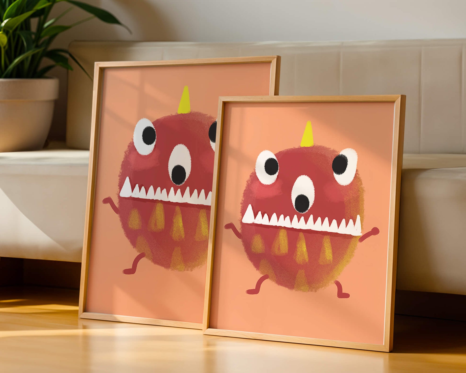 Monstruo colorido con rasgos geométricos y expresión lúdica.