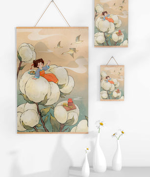 Illustration d'une fille sur des fleurs géantes avec des oiseaux volants et de la nourriture