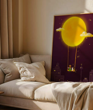 Whimsical night scene with a girl and a rabbit on a swing beneath a glowing moon