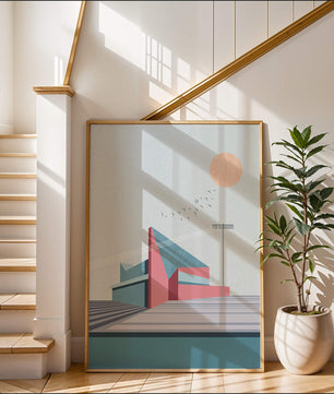 Ilustración arquitectónica moderna con diseño geométrico y atardecer