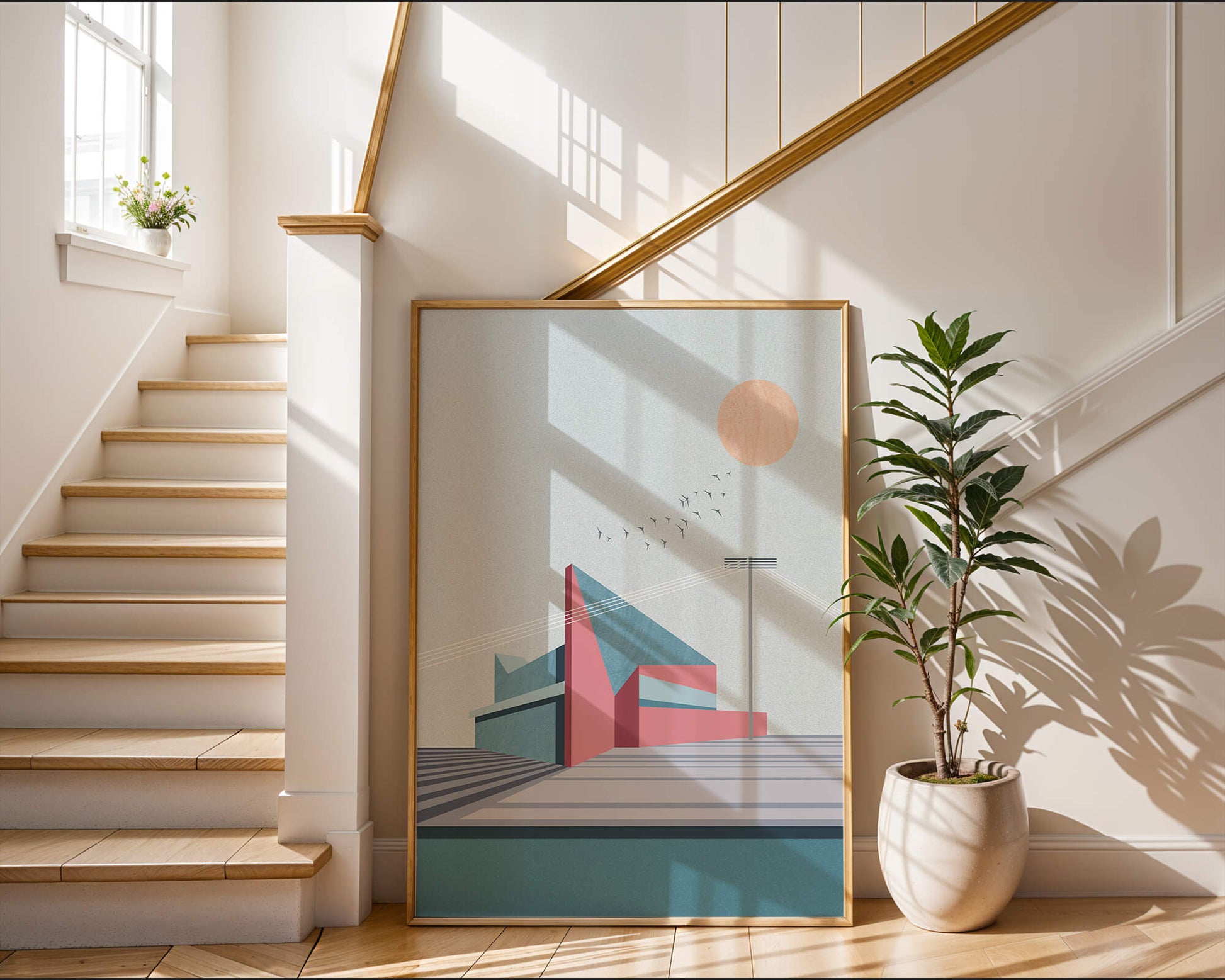 Ilustración arquitectónica moderna con diseño geométrico y atardecer