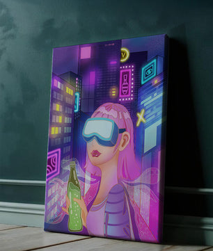 Escena urbana futurista con luces de neón y elementos de realidad virtual