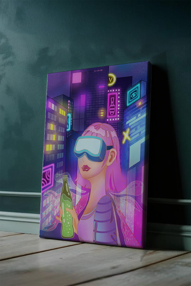 Futuristic urban scene with neon lights and virtual reality elements