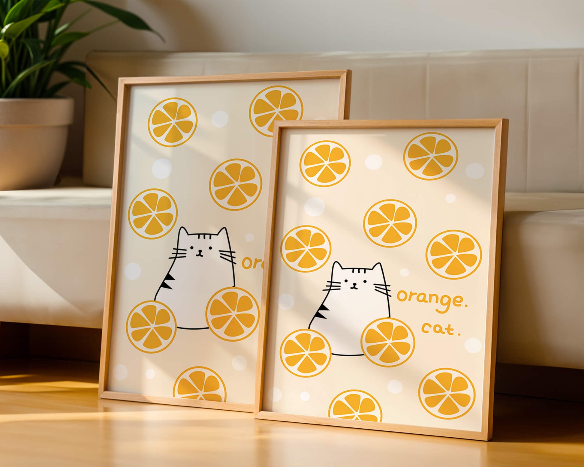 Playful illustration featuring a cat and orange slices