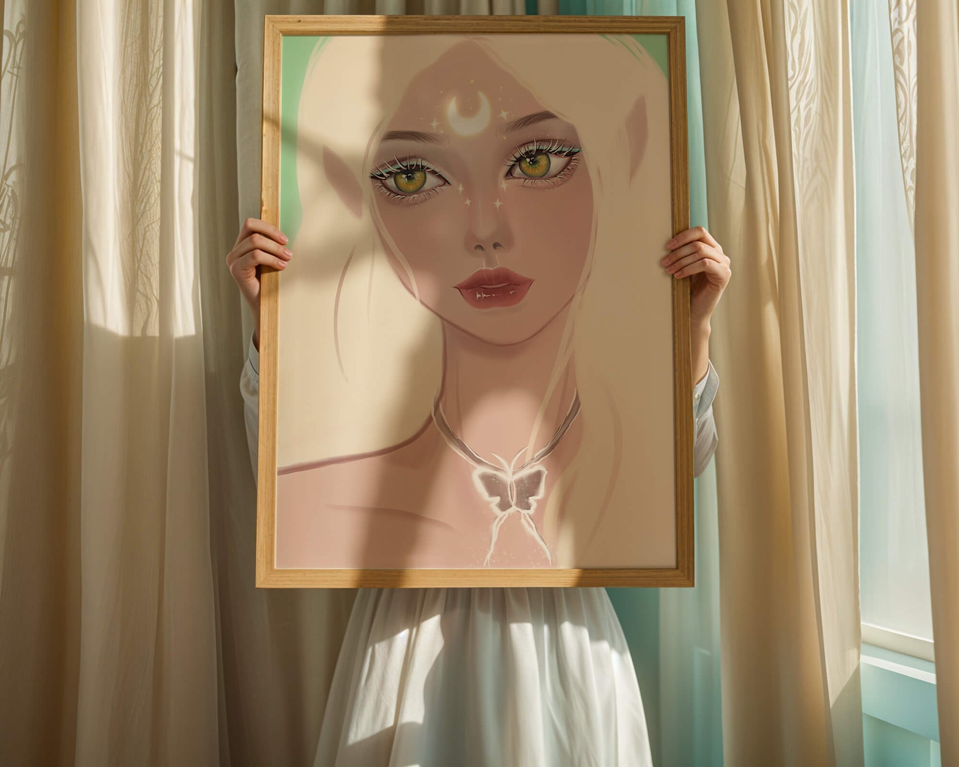 Enchanted portrait of ethereal elf girl with glowing elements