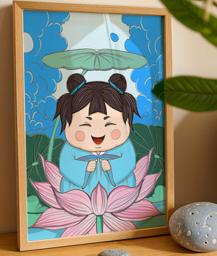 Whimsical illustration of a joyful child with lotus and umbrella