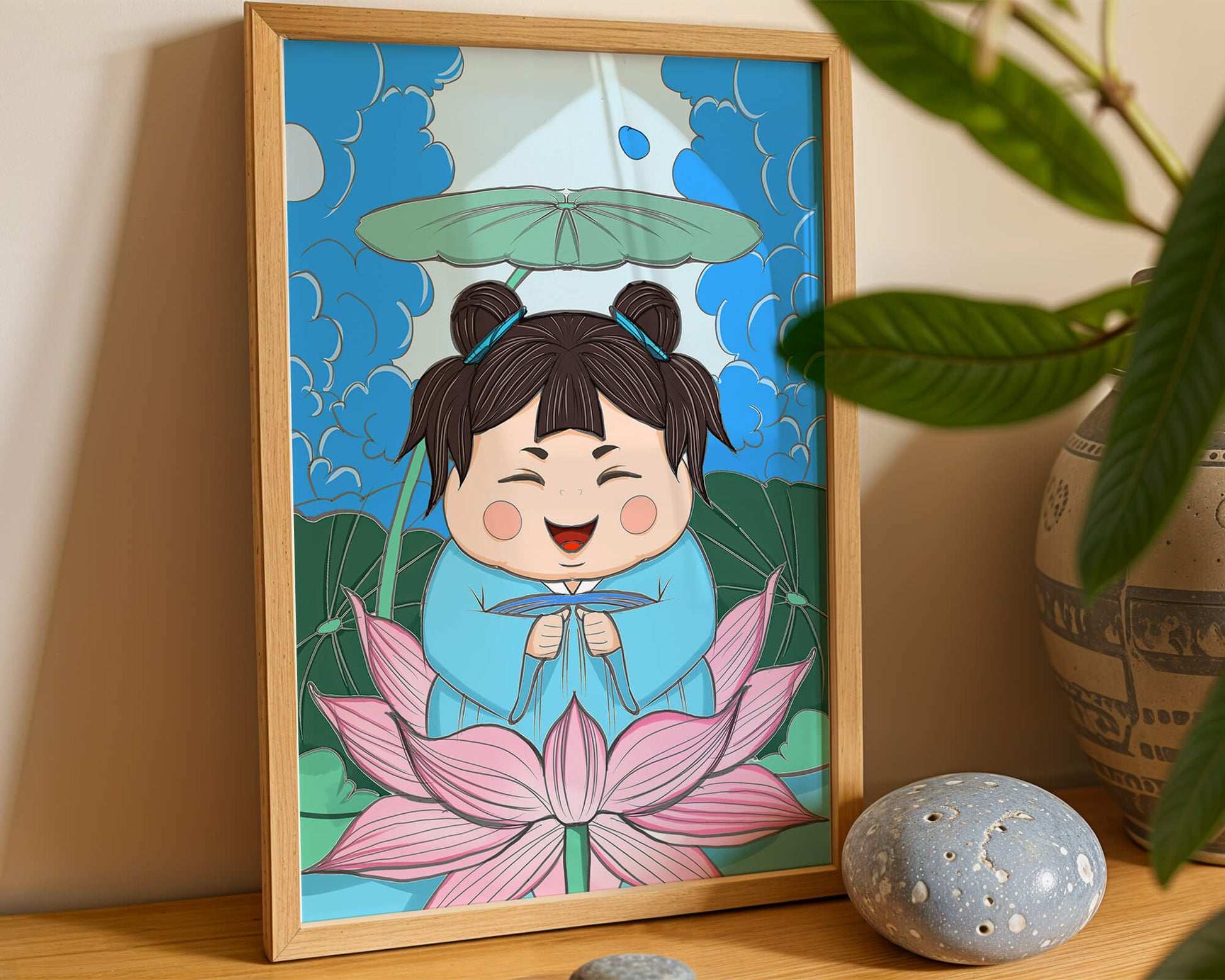 Whimsical illustration of a joyful child with lotus and umbrella