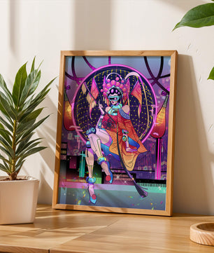 Personaje futurista con atuendo tradicional asiático y telón de fondo de ciudad neón