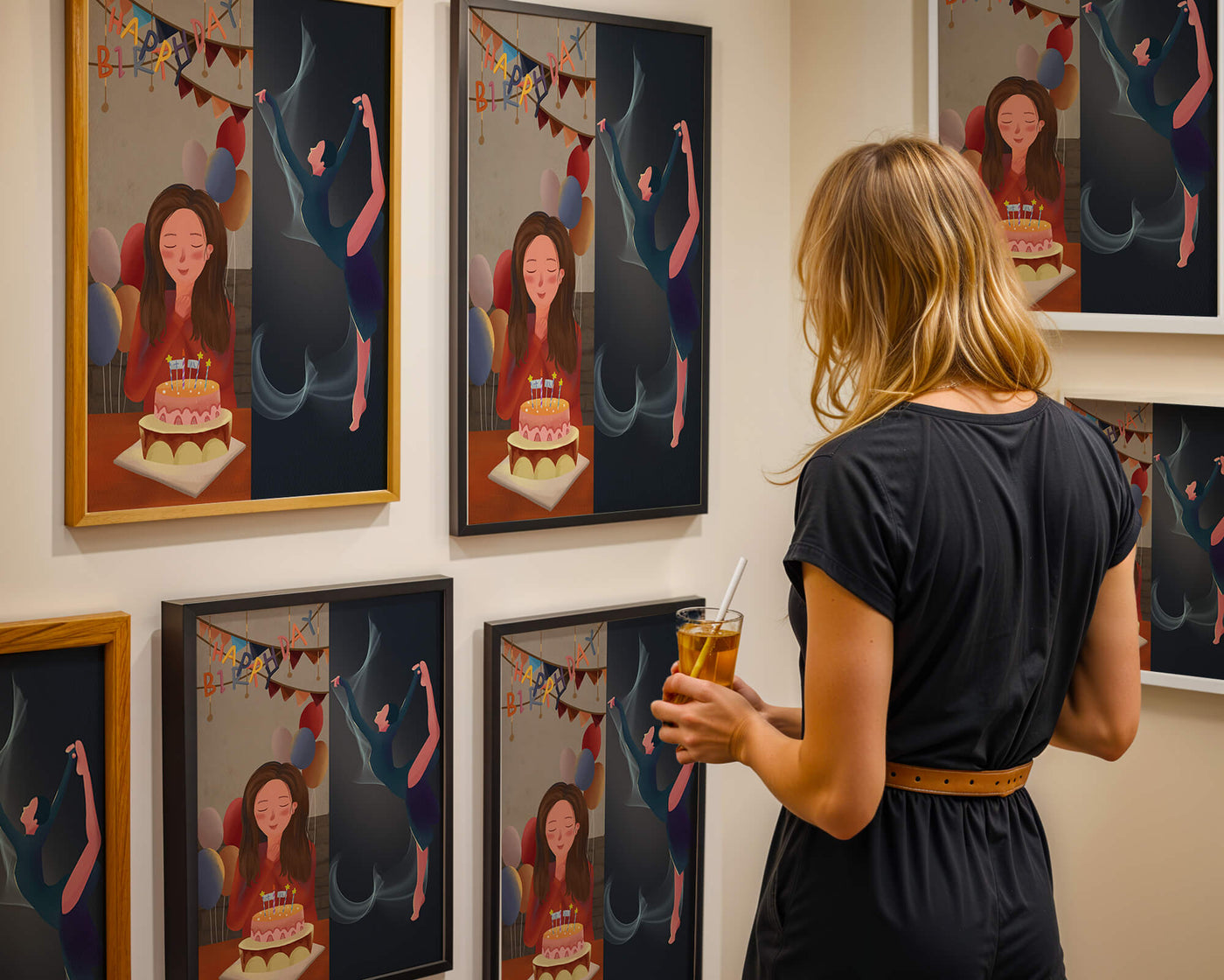 Birthday celebration illustration with cake and dancing figure