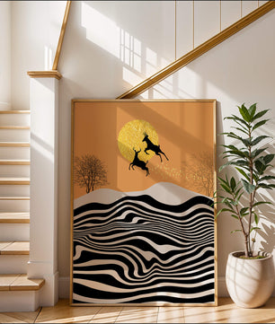 Abstract landscape with jumping deer and golden sun