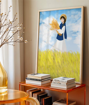 Young girl in a wheat field on a sunny day illustration