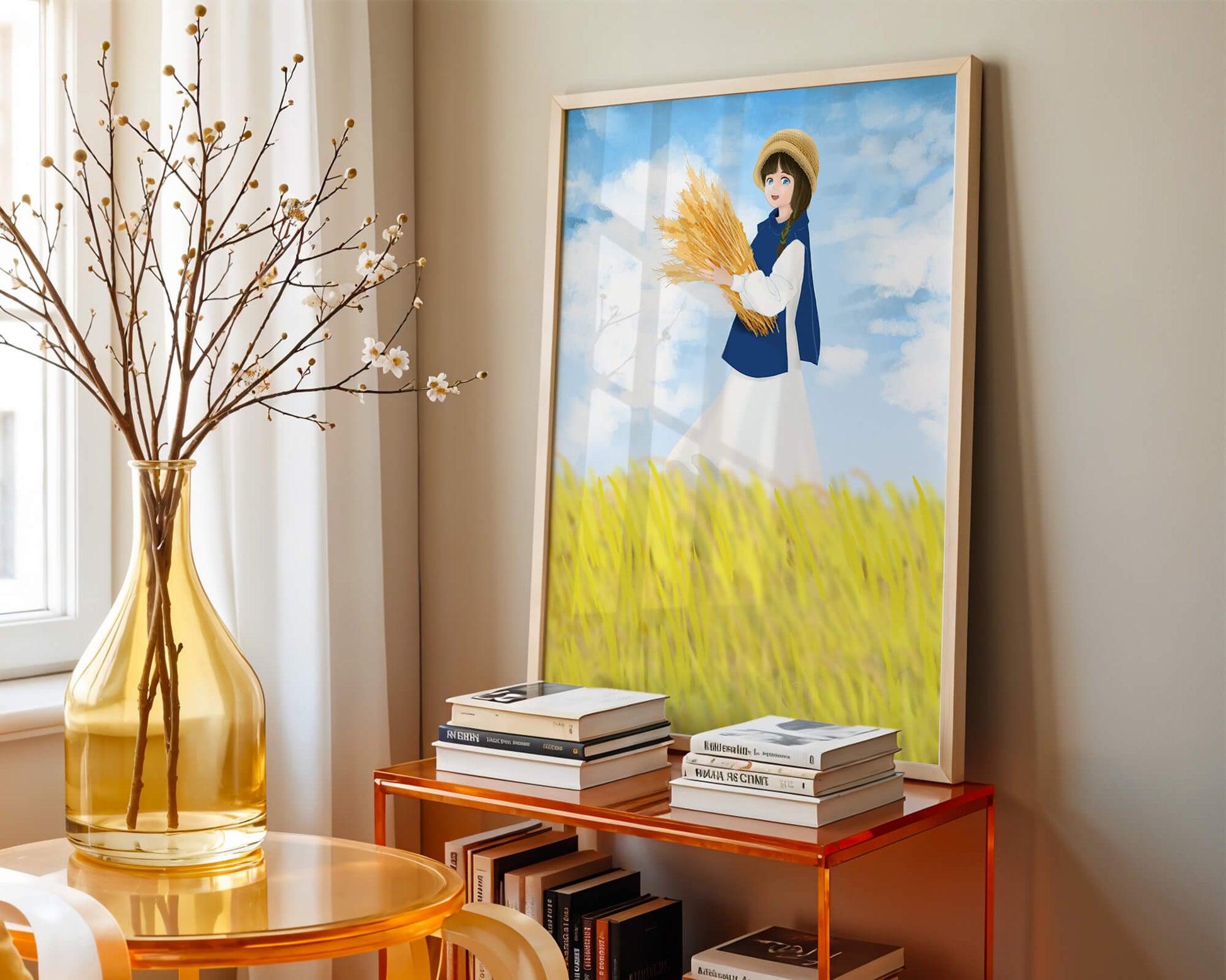 Young girl in a wheat field on a sunny day illustration