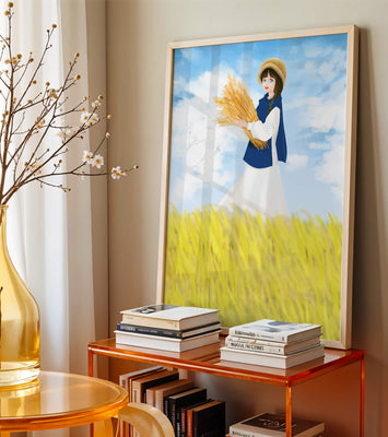 Young girl in a wheat field on a sunny day illustration