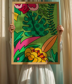 Colorful botanical illustration with vibrant tropical elements