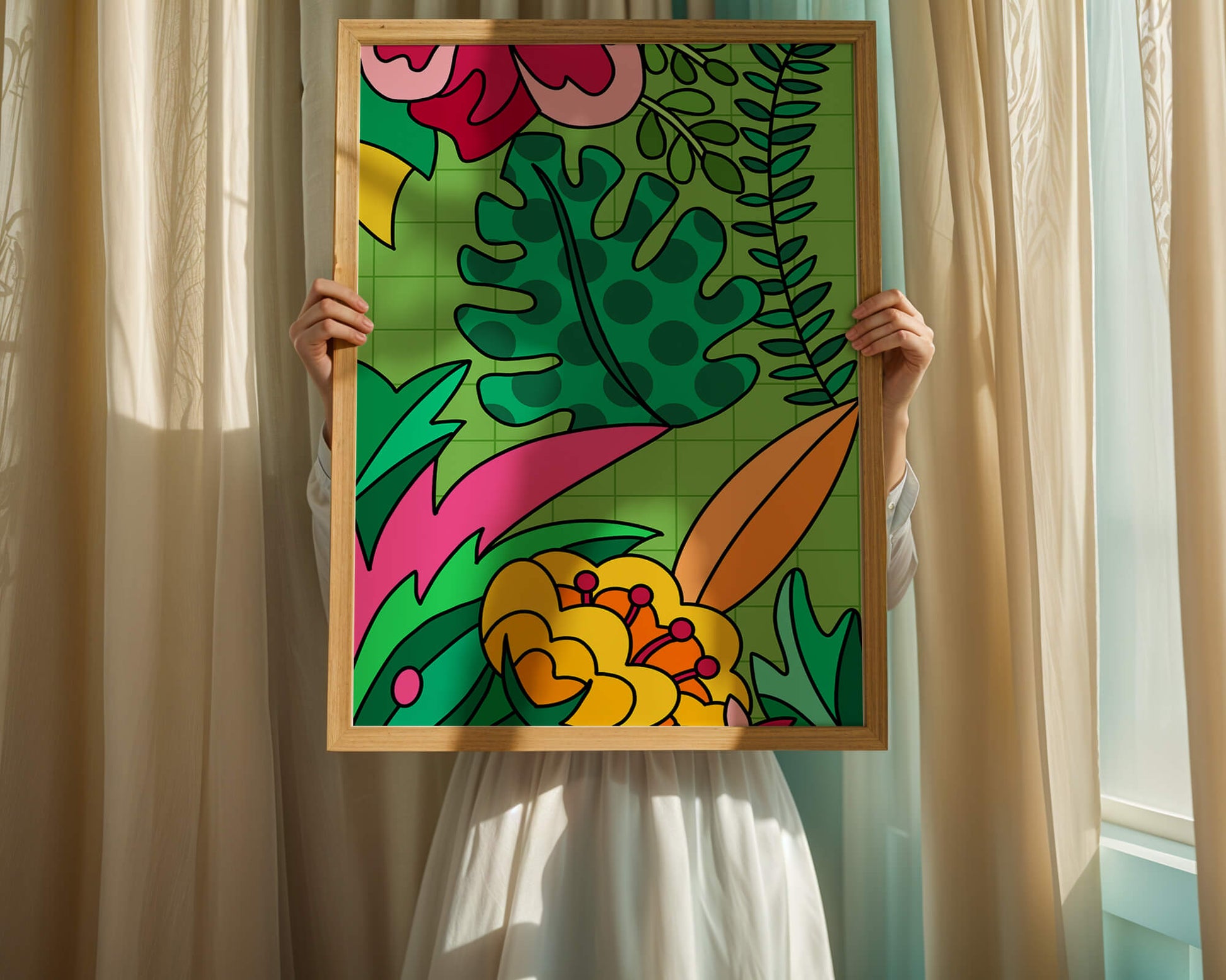 Colorful botanical illustration with vibrant tropical elements