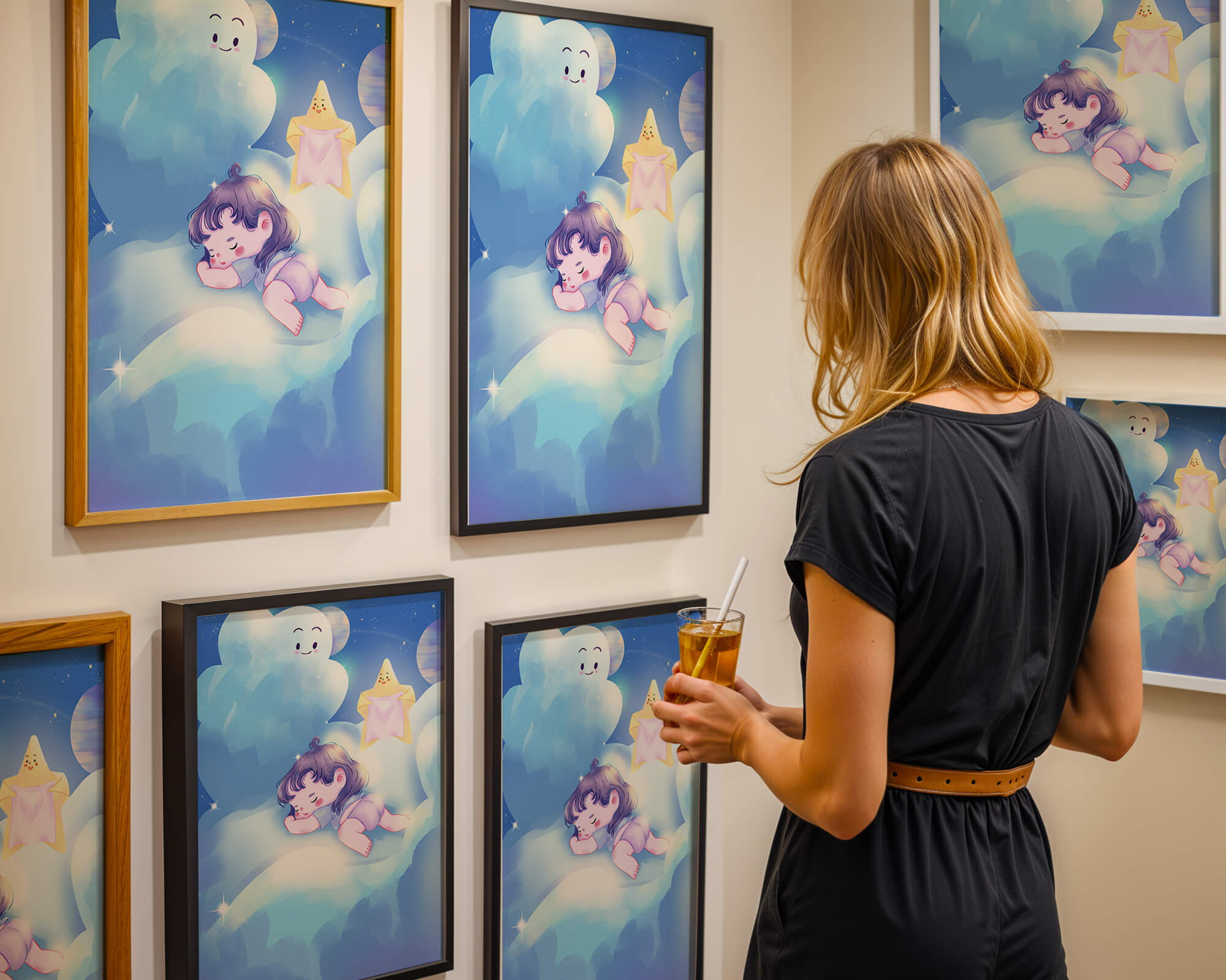 Dreamy illustration of sleeping child on clouds with smiling cloud and star
