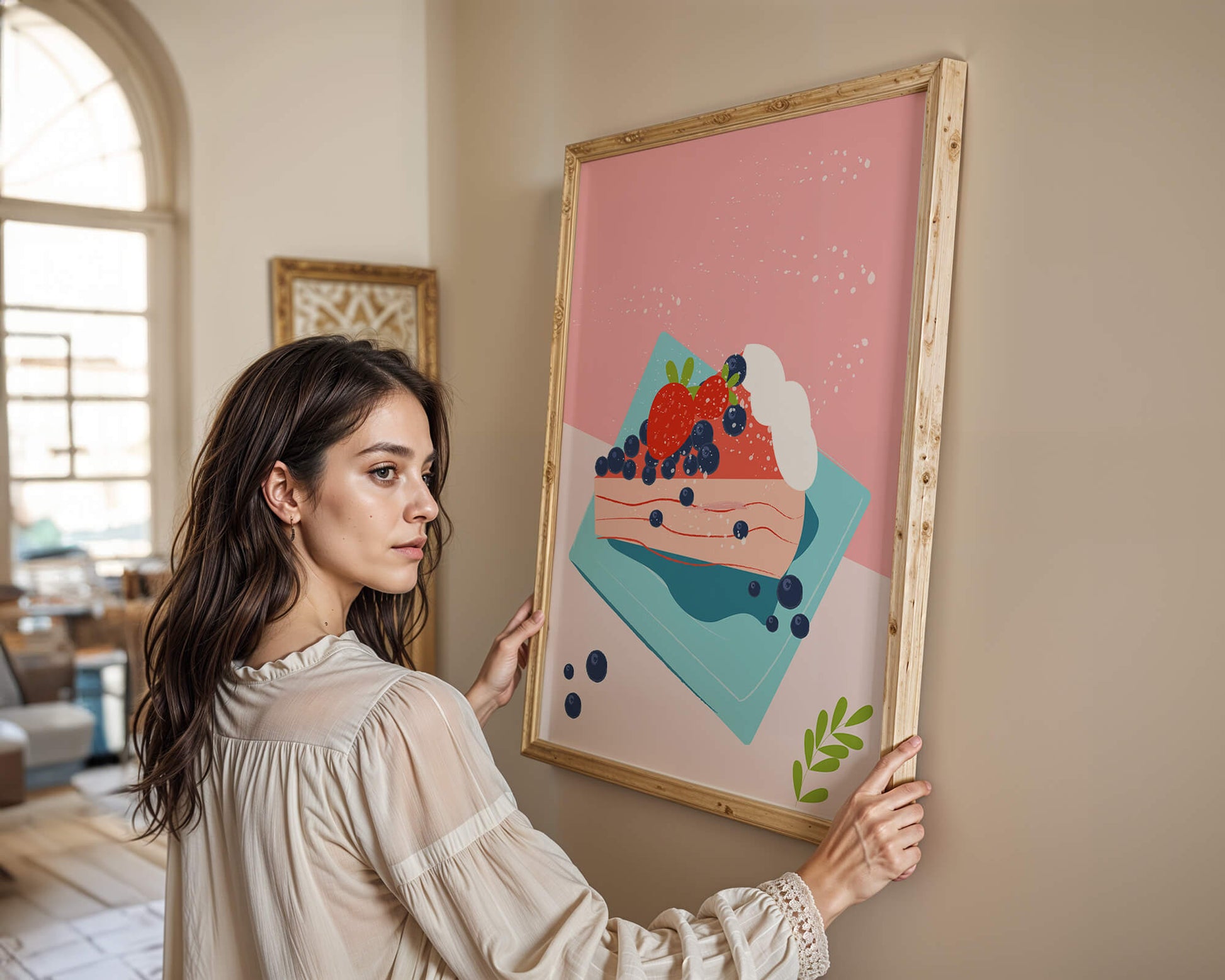 Bunte Dessertillustration mit Erdbeeren und Blaubeeren auf pastellfarbenem Hintergrund