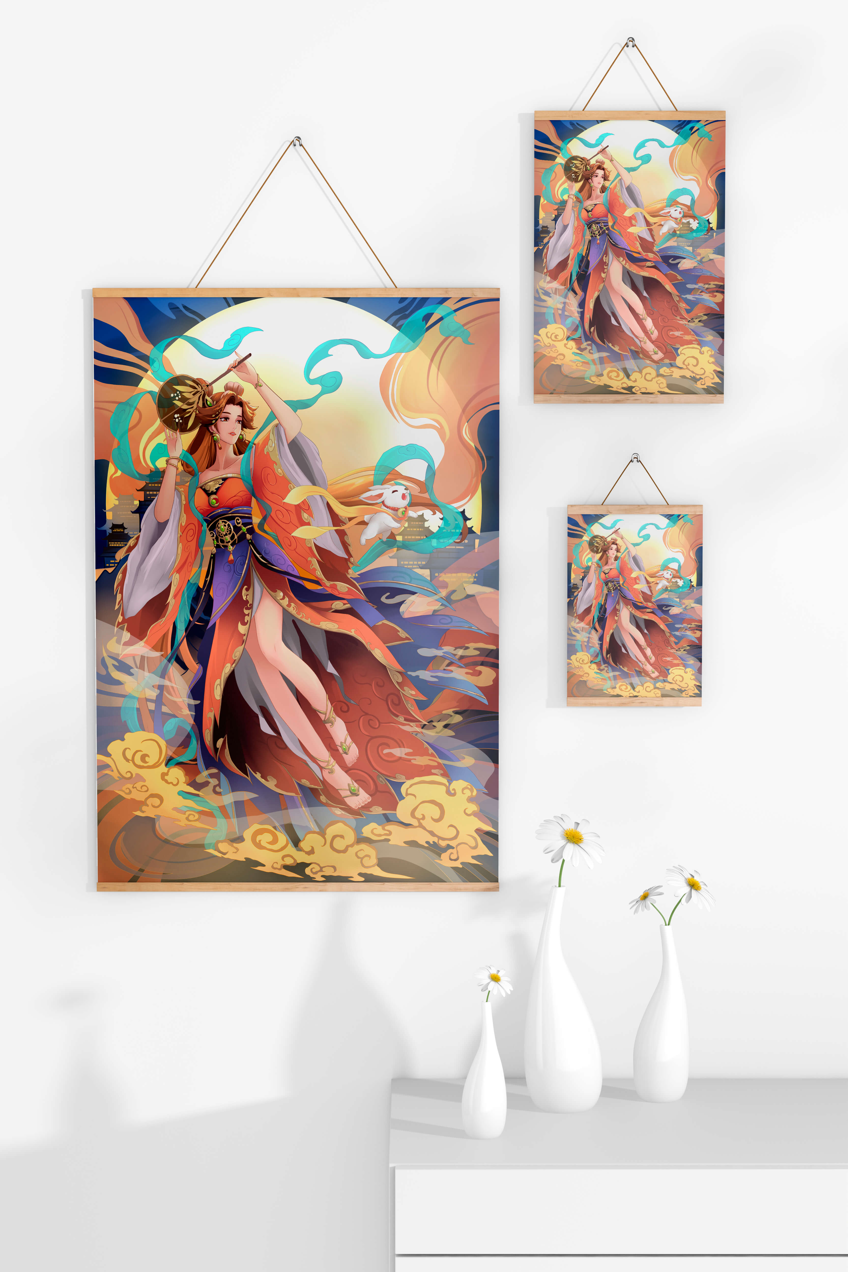 Elegant goddess with flowing robes against a mystical backdrop