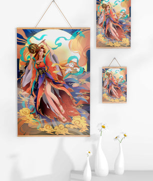 Elegant goddess with flowing robes against a mystical backdrop