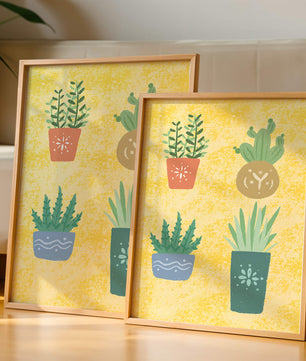 Illustrated potted plants on textured yellow background