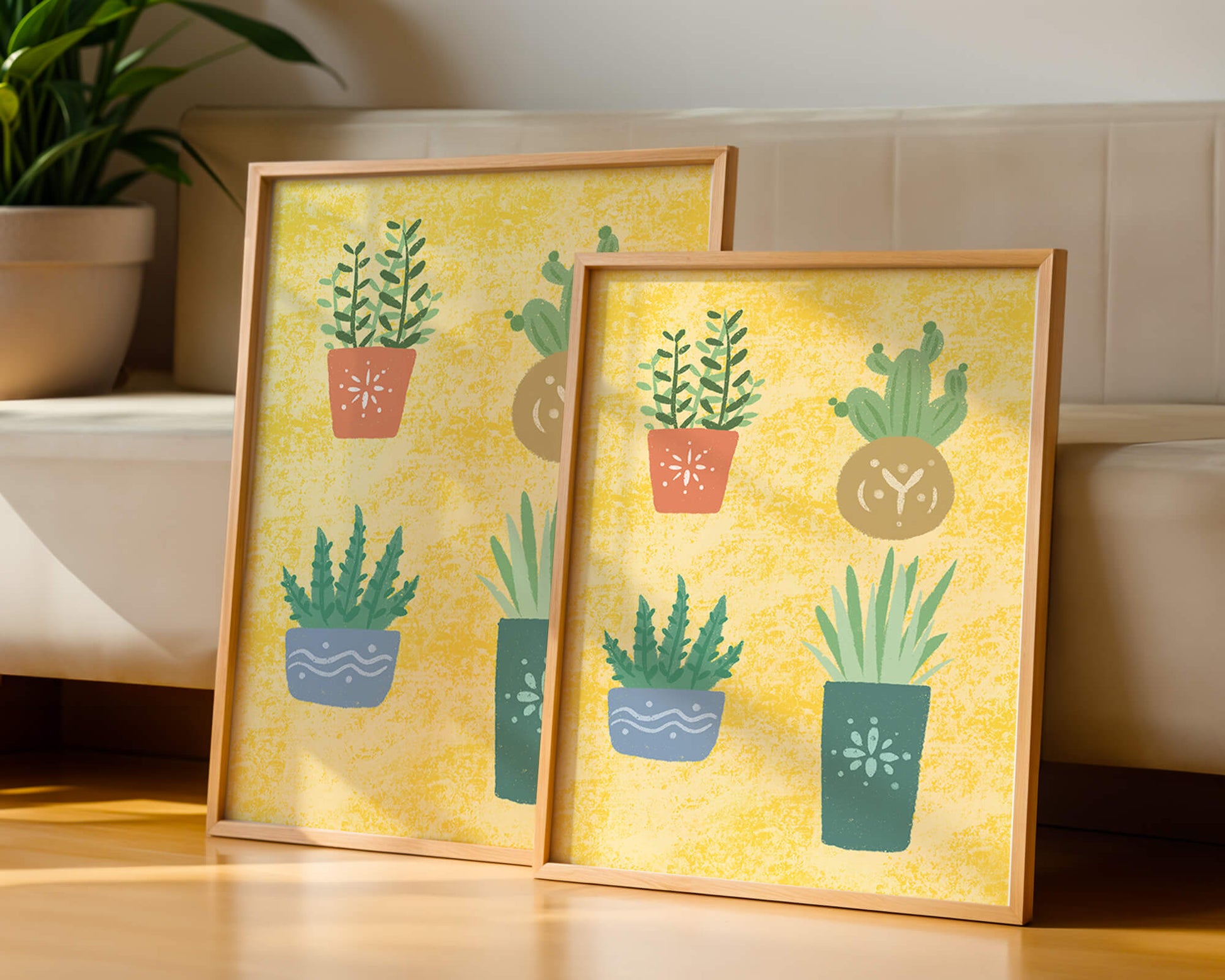 Illustrated potted plants on textured yellow background