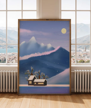 Paysage de montagne enneigée avec des maisons et des arbres sous la lumière de la lune