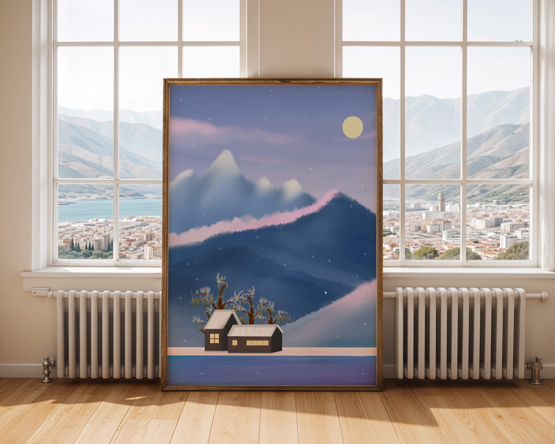 Paysage de montagne enneigée avec des maisons et des arbres sous la lumière de la lune