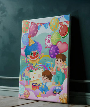 Colorful clown-themed children's party with balloons and toys