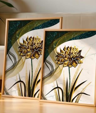 Golden flower artwork with abstract background for contemporary decor