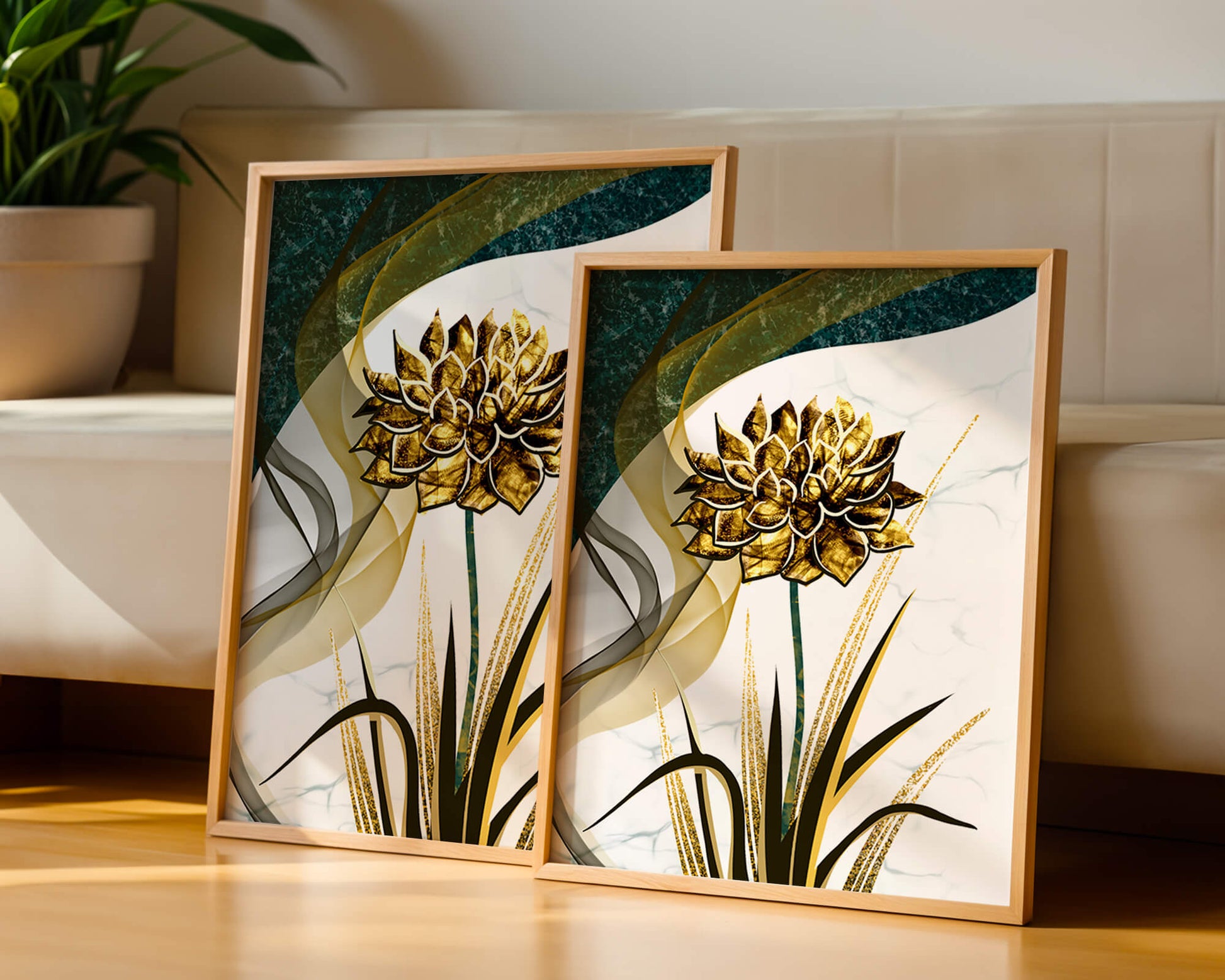 Golden flower artwork with abstract background for contemporary decor
