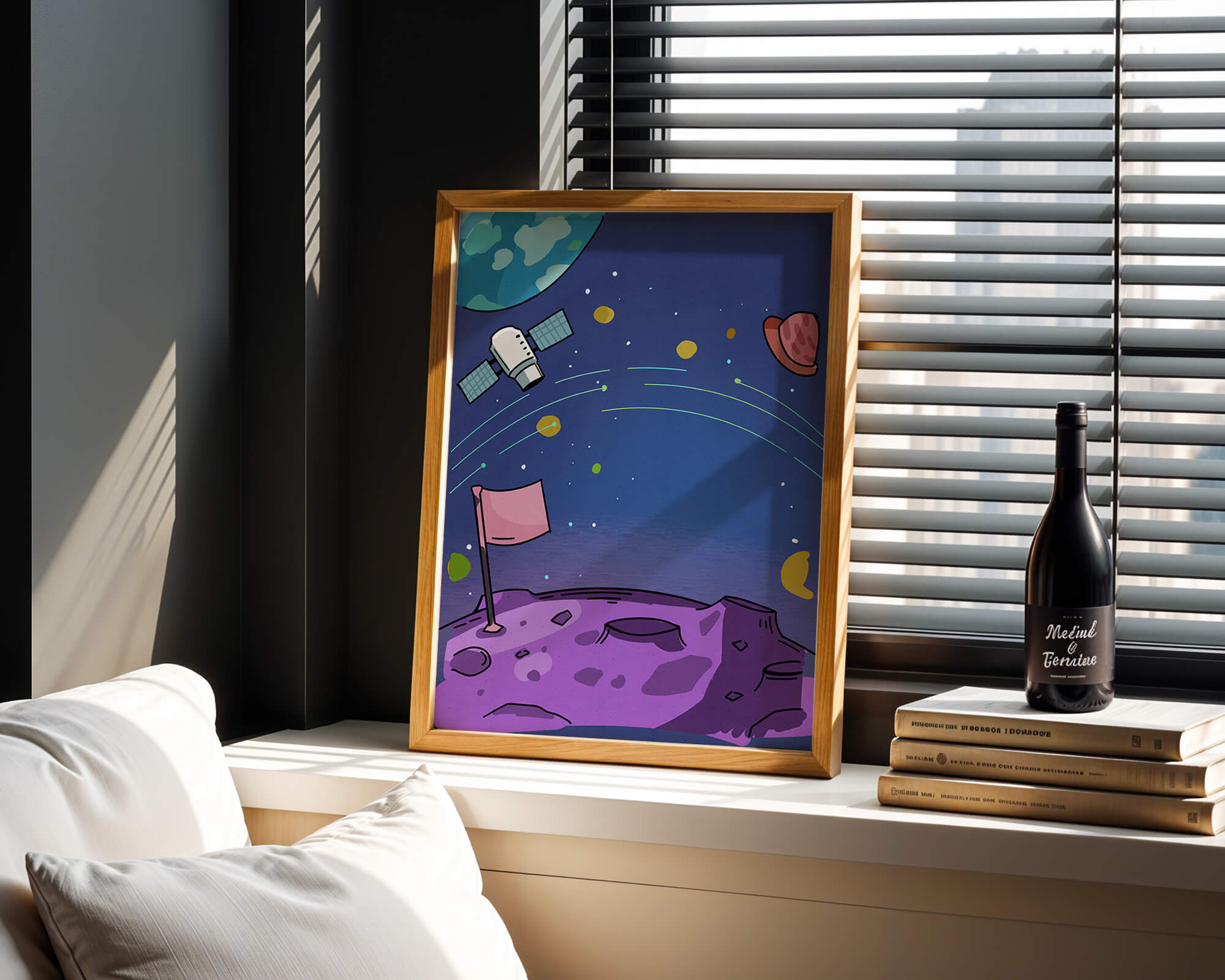 Illustration of outer space scene with planets and satellite