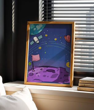 Illustration of outer space scene with planets and satellite