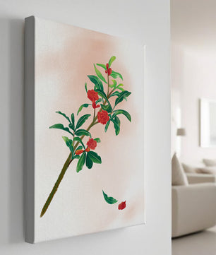 Ilustración detallada de una rama floreciente con flores rojas vivas y hojas verdes exuberantes