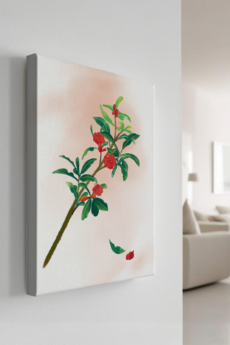 Detailed illustration of a flowering branch with vivid red blooms and lush green leaves
