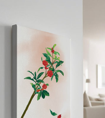 Detailed illustration of a flowering branch with vivid red blooms and lush green leaves