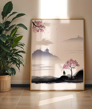 Paisaje sereno con árbol de cerezo y pagodas distantes
